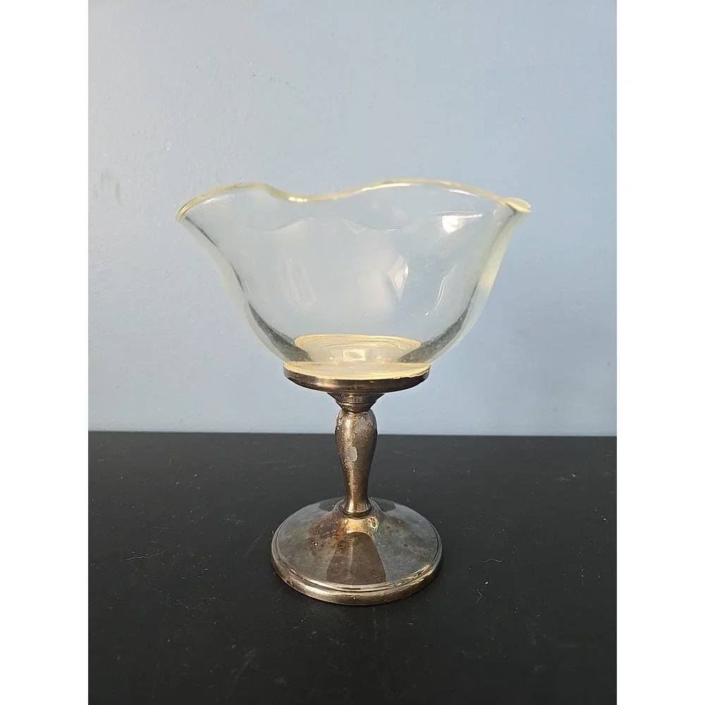 W&S Blackinton Silverplate Brass Compote Dish Crystal Ruffled Bowl Pedestal‎ Cup